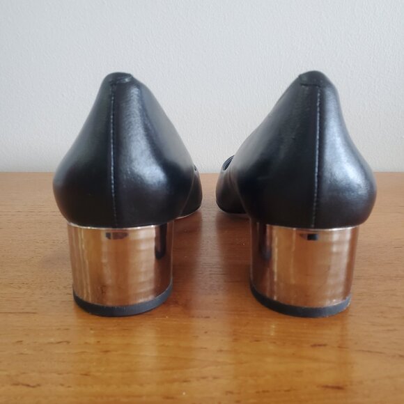 Via Spiga W 8M Classic Black Silver Block Heel Pointed Toe Leather Pump A215 - Picture 3 of 12